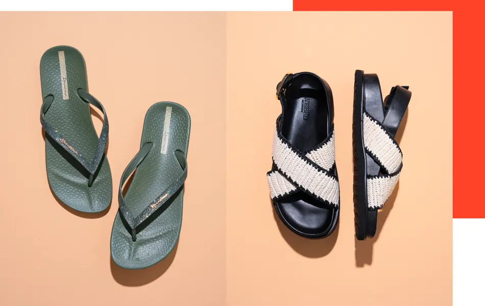 Lett på tå i grønne flippflopps fra Skoringen og sandaler med heklet rem hos nye Scorett.