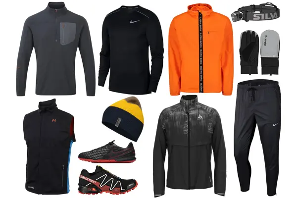 kollasj av treningsgensere, vest, lue, hodelykt, hansker, bukse, jakke og sko