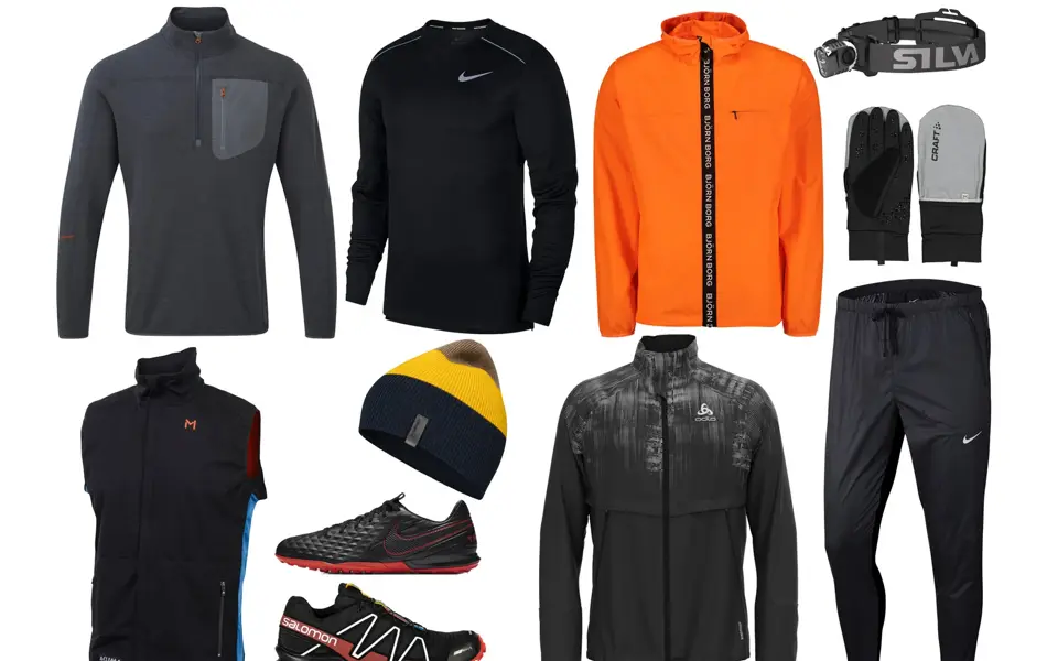 kollasj av treningsgensere, vest, lue, hodelykt, hansker, bukse, jakke og sko