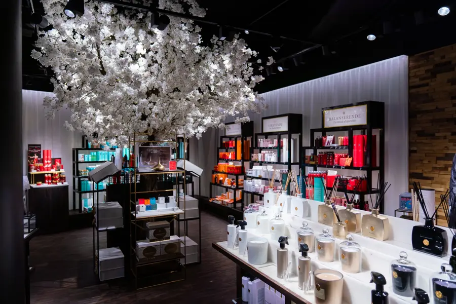 innsiden av butikken med et  hvitt stort tre i midten av rommet med velvære produkter rundt
