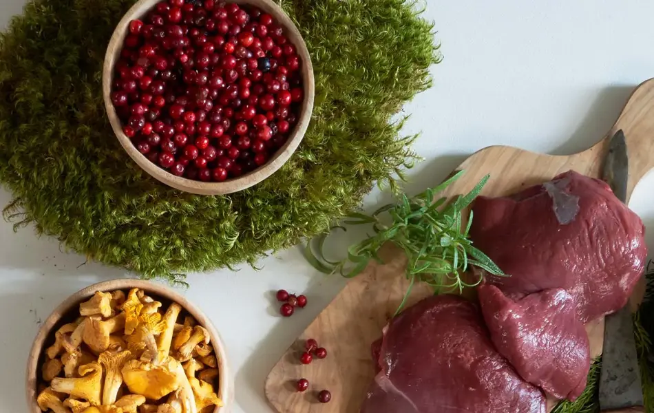 Kjøtt, sopp i en skål og en skål med tyttebær