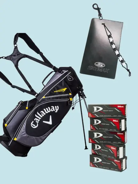 Tilbehør golf: bag, baller, scorekortholder og scorekortteller