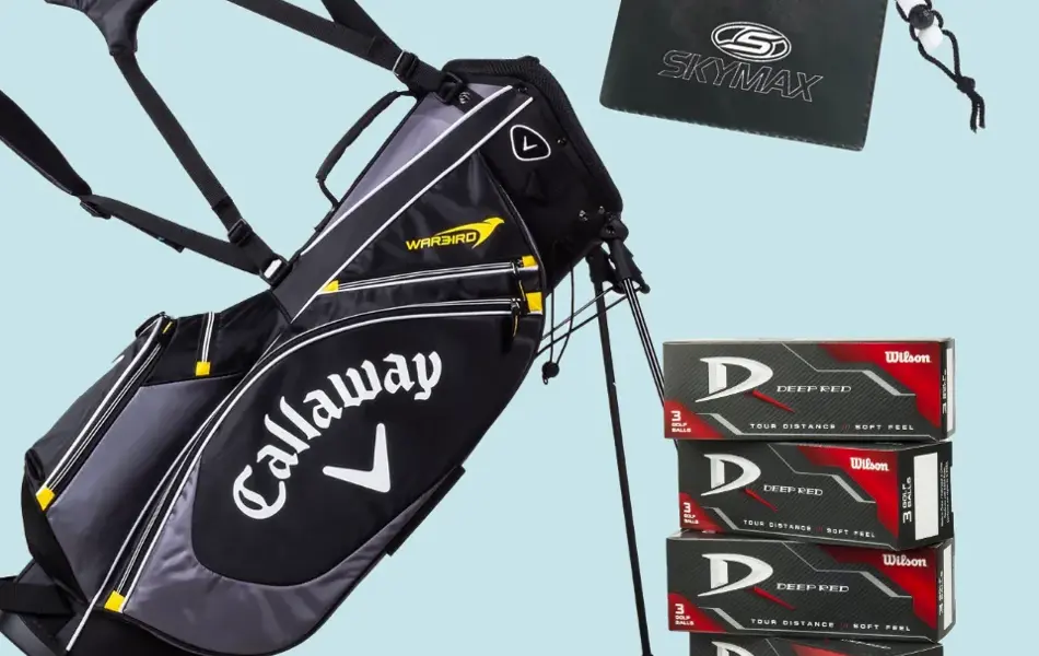 Tilbehør golf: bag, baller, scorekortholder og scorekortteller