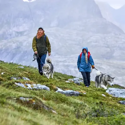 Par går tur i fjell med hunder 
