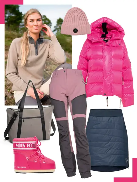 Ung dame med lysebrun ullgenser, rosa lue, knallrosa boblejakke, blått thermoskjørt, turbukse, grå veske, rosa moonboots.