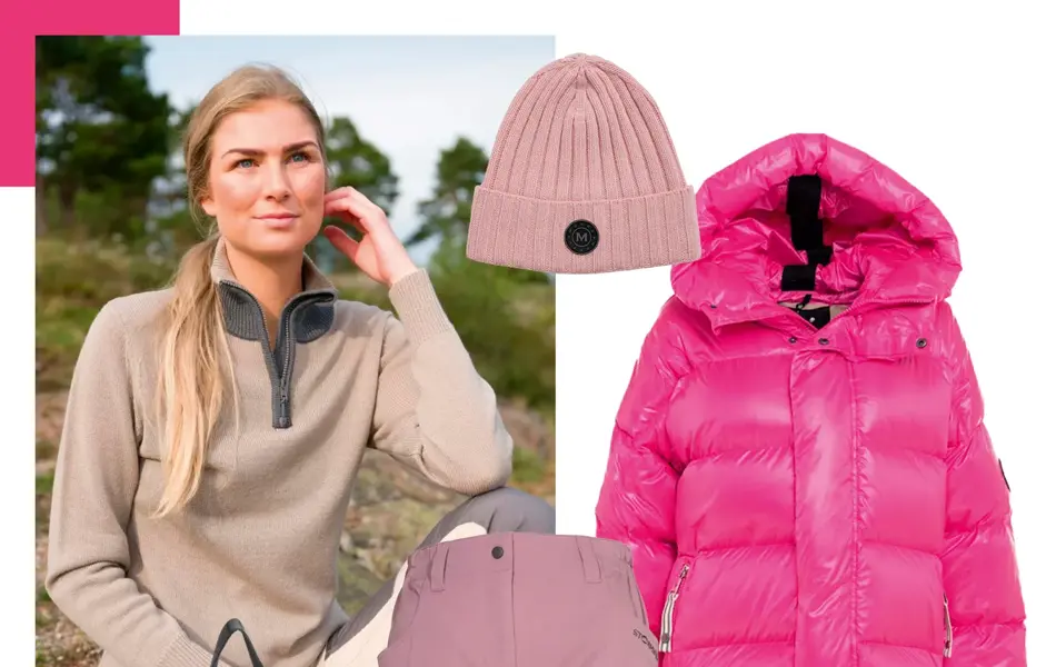 Ung dame med lysebrun ullgenser, rosa lue, knallrosa boblejakke, blått thermoskjørt, turbukse, grå veske, rosa moonboots.