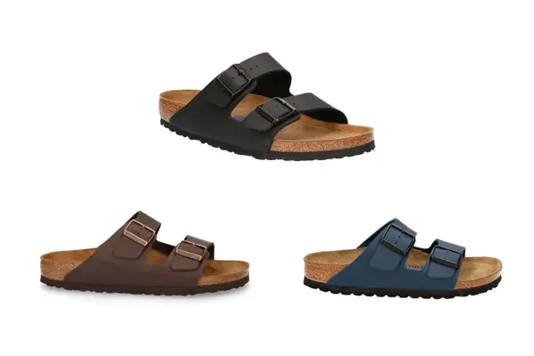 Tre herresandaler i fargene brun, svart og blå