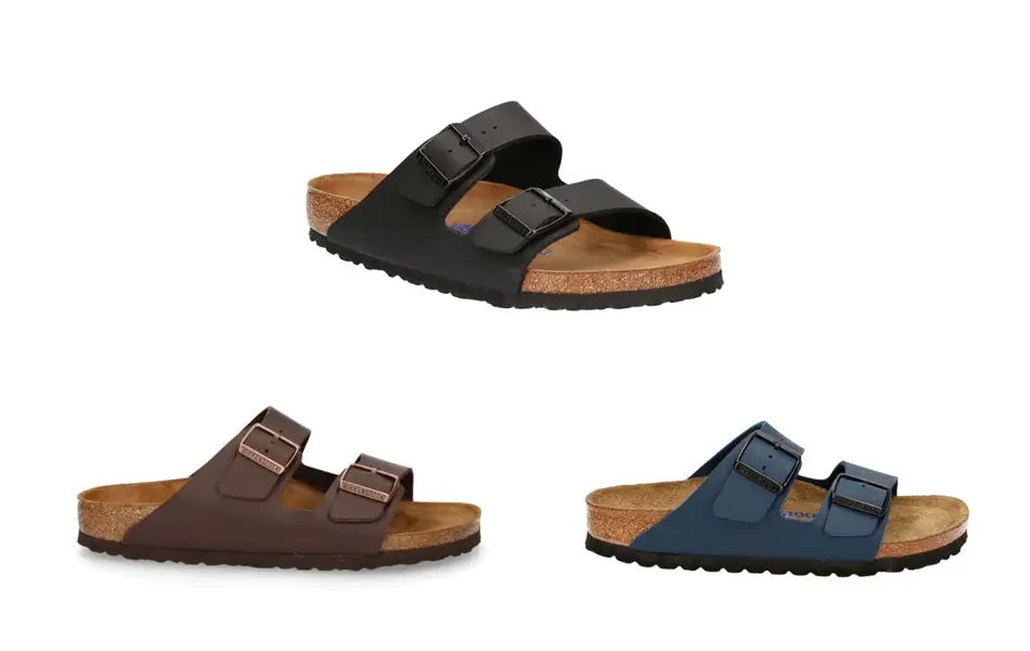 Tre herresandaler i fargene brun, svart og blå