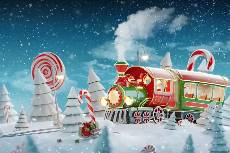 Amazing fairy Santa's Christmas train in a magical forest with candy canes. Unusual 3d illustration postcard.
