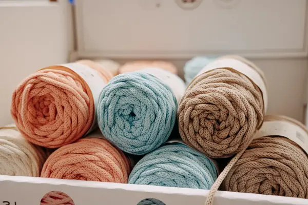 utvalg av resirkulert garn i fargene oransje, blå og brun