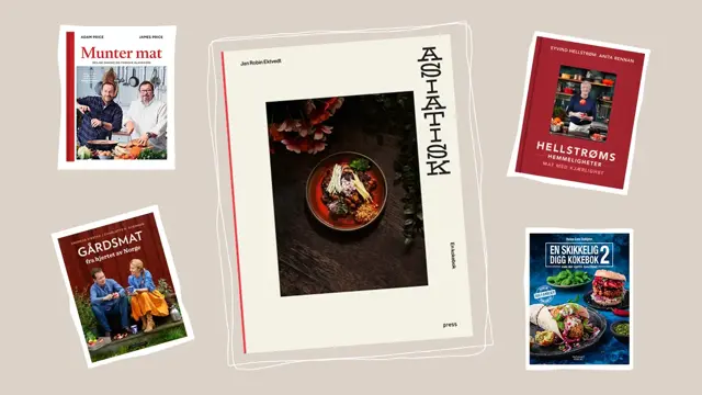 Produktbilde av bøkene: Munter Mat, Gårdsmat fra hjertet av Norge, Asiatisk, Hellstrøms hemmeligheter og En skikkelig digg kokebok 2