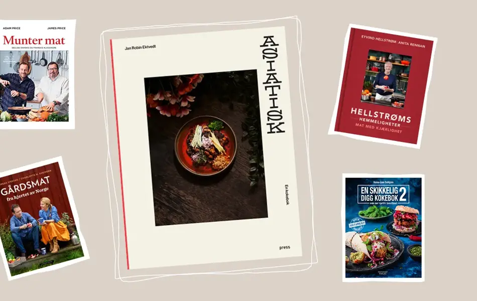 Produktbilde av bøkene: Munter Mat, Gårdsmat fra hjertet av Norge, Asiatisk, Hellstrøms hemmeligheter og En skikkelig digg kokebok 2