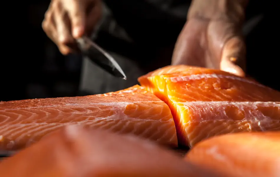 The big salmon is in the hands of the experienced Japanese chef.
He is using a knife to slice salmon fillet for sashimi and sushi.