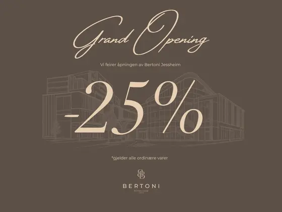 Plakat med tekst Grand Opening -25% på alle ordinære varer hos Bertoni