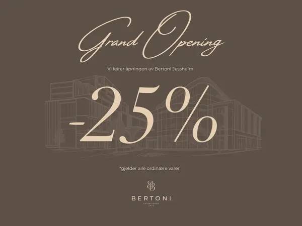 Plakat med tekst Grand Opening -25% på alle ordinære varer hos Bertoni