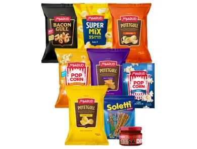 Utvalg av potetgull, popcorn og snacks fra Maarud.