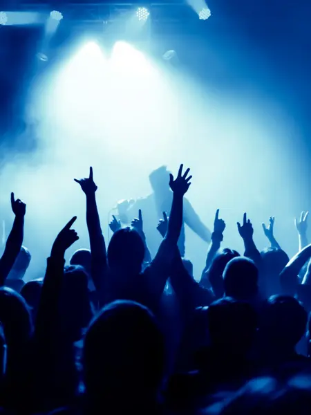 Silhuetter av personer med hendene strukket i været, foran en artist på scene i mørkt rom. Foto til artikkel om pakkeliste til festival.