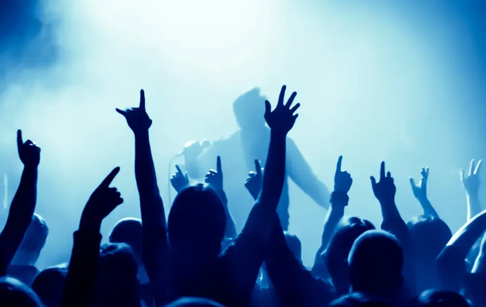 Silhuetter av personer med hendene strukket i været, foran en artist på scene i mørkt rom. Foto til artikkel om pakkeliste til festival.