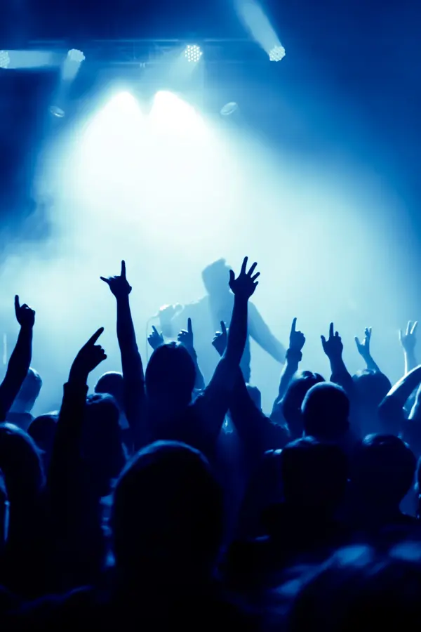 Silhuetter av personer med hendene strukket i været, foran en artist på scene i mørkt rom. Foto til artikkel om pakkeliste til festival.