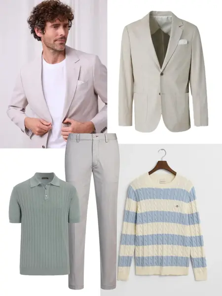 Menn i hvit t-skjorte og beige blazer. Lys beige blazer, lys grønn piketsjorte, lyse penbukser, lyseblå og hvit-stripet strikkegenser.