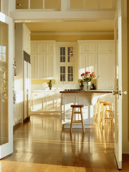 Kjøkken med gule vegger og tak med hvite skapdører og trebenk med blomster på 