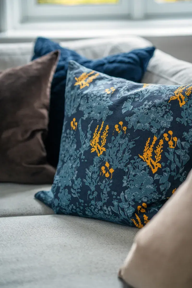 Utvalgte blå og brune puter i beige sofa