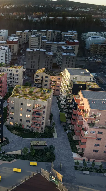 Fugleperspektiv på boligblokker i solnedgang. 3D-illustrasjon.