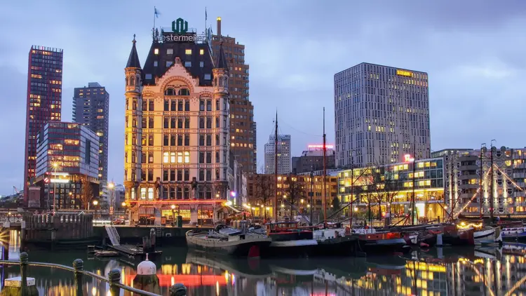 Boats moored at Old Harbor.in Rotterdam , the nederlands.shot taken during sunset.