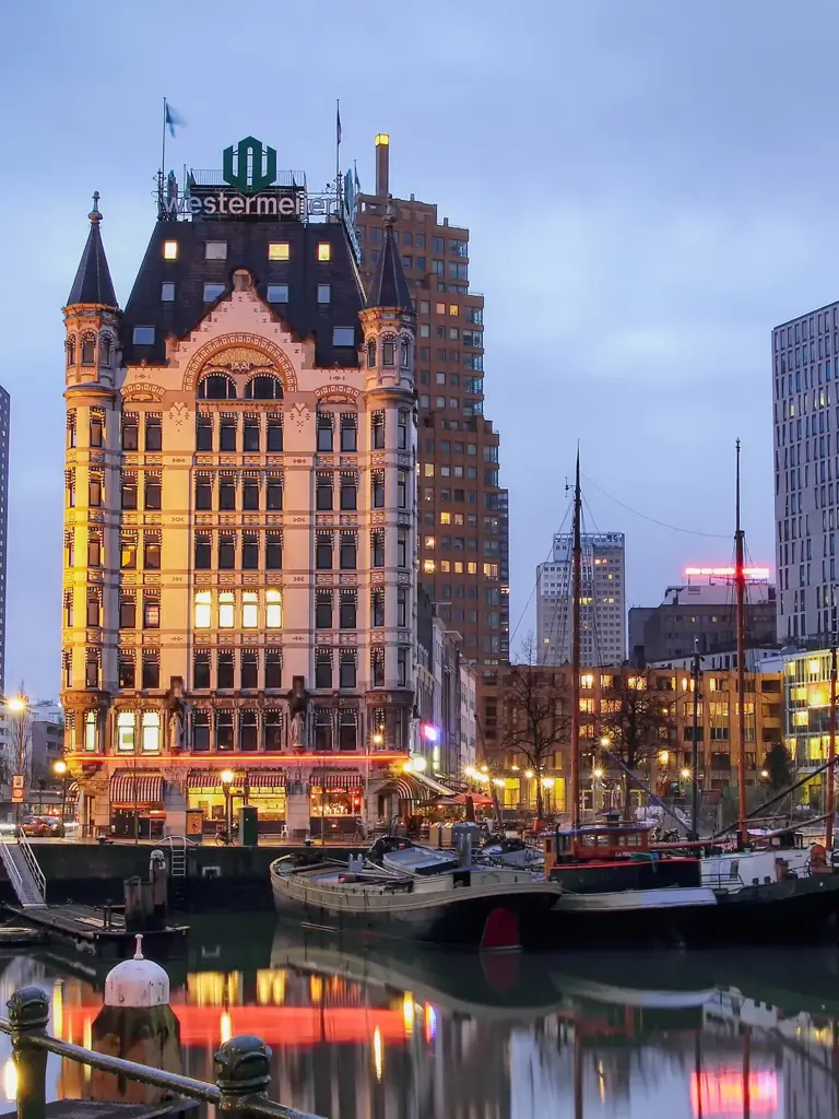Boats moored at Old Harbor.in Rotterdam , the nederlands.shot taken during sunset.