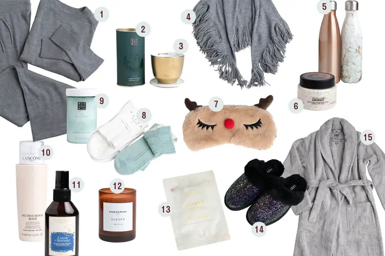 1.Ullsett fra Cubus, kr 599,-per del // 2.Relaxing Tea fra Ritual of Jing/Rituals, kr 70,-// 3.Tekopp fra Rituals, kr 85,-fat til tekopp fra Rituals, kr 20,-// 4.Poncho fra Merethe Dehn/Ny& Ne, kr 1699,-// 5.Vannflasker fra Swell/Høyer, kr 399,-per stk // 6.Kroppsskrubb fra The Body Shop, kr 229,-// 7.Øyemaske fra Reindeer/KappAhl, kr 59,90,-// 8.Sokker fra Falke/Auds Undertøysalong, kr 269,-// 9.Badesalt fra Ritual of Jing/Rituals, kr 155,-// 10.Bodylotion fra Lancome/Fredrik & Louisa, kr 209,-// 11.Pute-spray fra L ́Occitane, kr 199,-// 12.Duftlys fra Sprekenhus/Companys, kr 600,-// 13.Ansiktsmaske fra Camilla PihlBeauty/Vita, kr 69,-// 14.Tøfler fra UGG/Grændsens Skotøimagazin, kr 1299,-// 15.Morgenhåpe fra Lexington, kr 1495,-