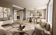3D illustrasjonen viser stuen i en leilighet i boligprosjektet Skårerløkka PREMIUM. En moderne stue med en beige hjørnesofa, lyse vegger og store vinduer som slipper inn mye naturlig lys.