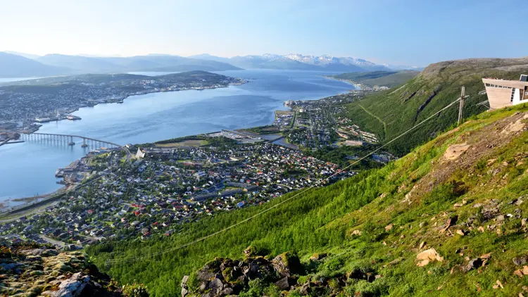Aerial view of Tromso Bridge and the Arctic Cathedral, northern Norway