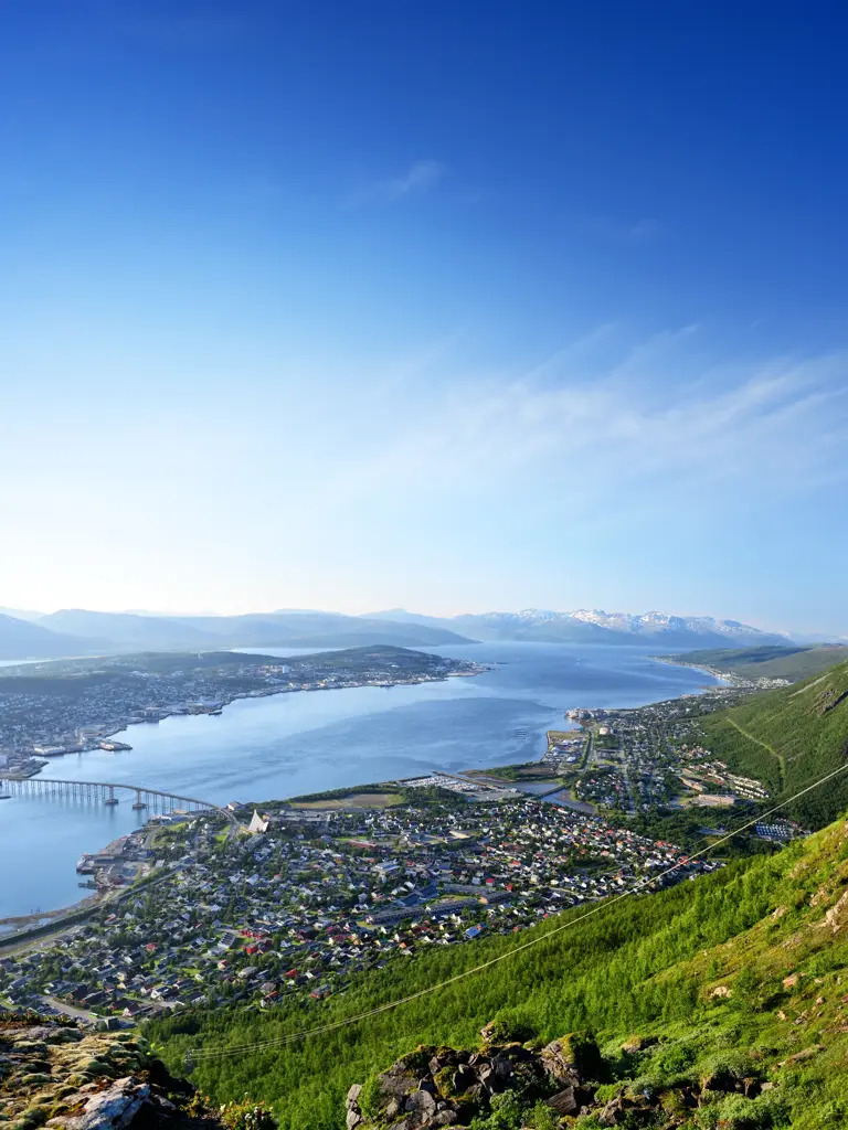 Aerial view of Tromso Bridge and the Arctic Cathedral, northern Norway