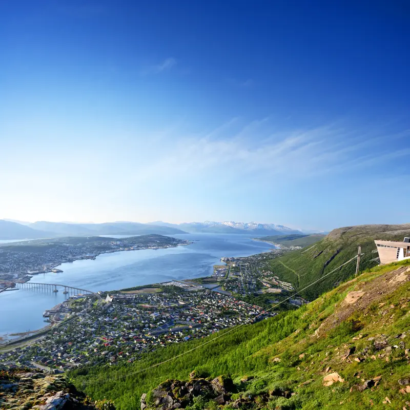Aerial view of Tromso Bridge and the Arctic Cathedral, northern Norway