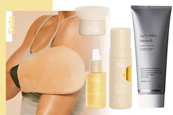 Dame som legger selvbruning og skjønnhetsprodukter for kroppen