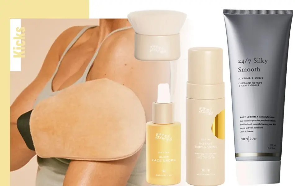 Dame som legger selvbruning og skjønnhetsprodukter for kroppen