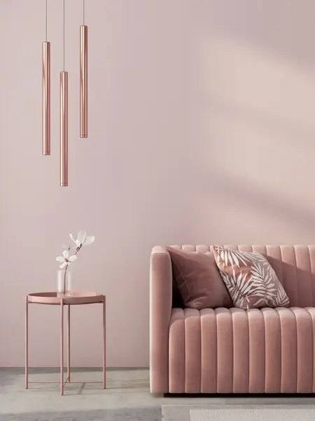 Monochrome interior in pink color with a sofa, a table, a chandelier of pink gold and a white flower / 3D illustration, 3d render