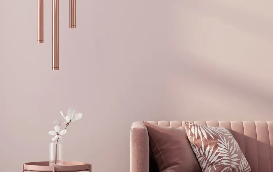 Monochrome interior in pink color with a sofa, a table, a chandelier of pink gold and a white flower / 3D illustration, 3d render