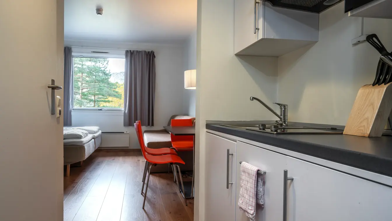 Studioleilighet med kjøkkenbenk, dobbeltseng, vindu med grå gardiner og rød stoler.