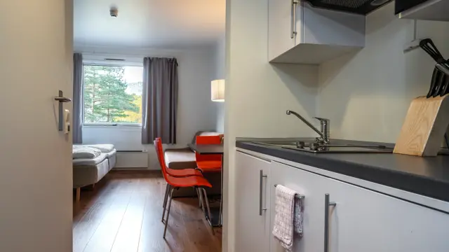 Studioleilighet med kjøkkenbenk, dobbeltseng, vindu med grå gardiner og rød stoler.