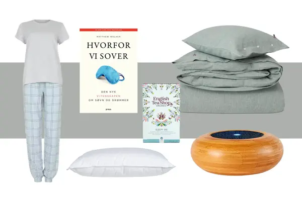 Produktbilder, pysj, bok, pute, te, duftdiffuser og sengetøy