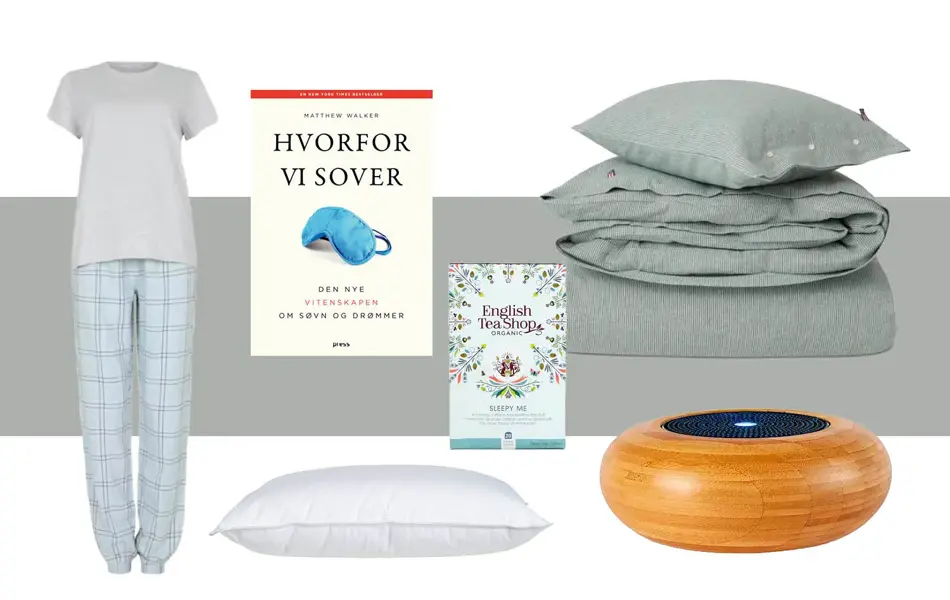 Produktbilder, pysj, bok, pute, te, duftdiffuser og sengetøy