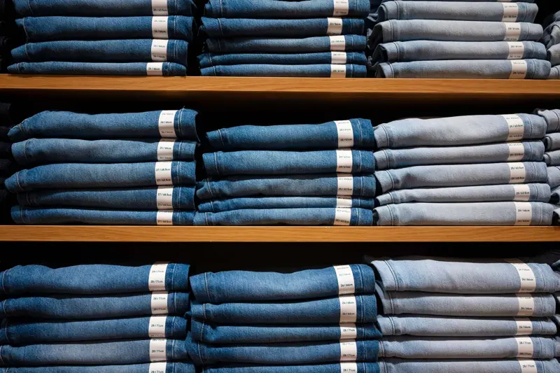 Butikkhylle med ulike jeans i bunke