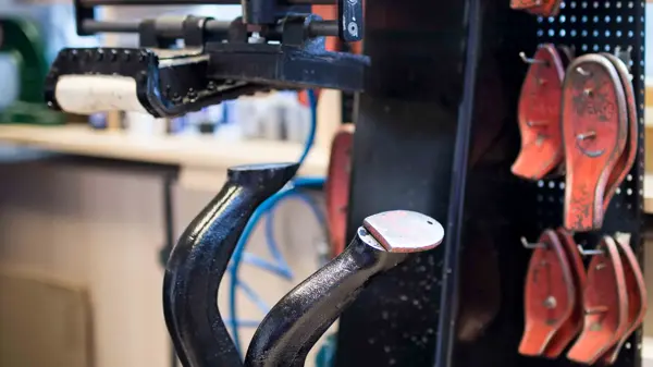 Røde såler og sålemaskin
