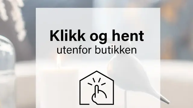 Plakat som sier Klikk og hent utenfor butikken med symbol for klikk og hent i butikk