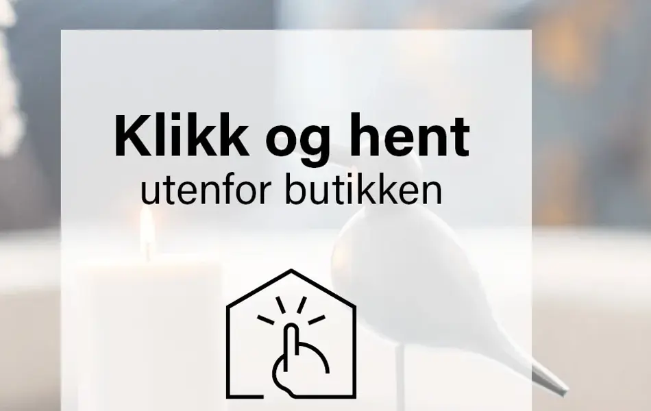 Plakat som sier Klikk og hent utenfor butikken med symbol for klikk og hent i butikk