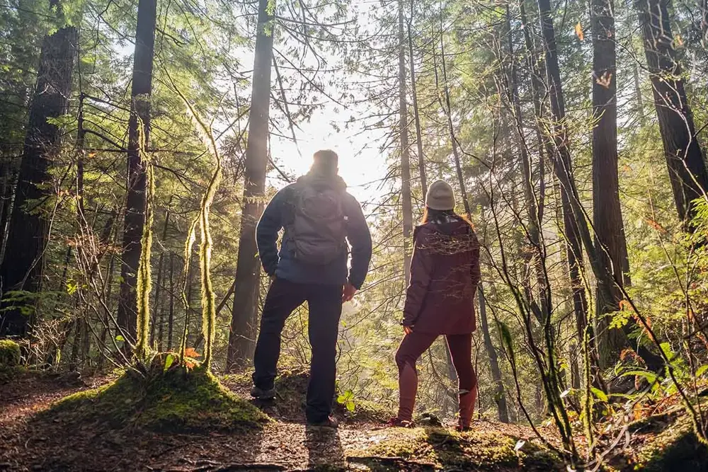 Mann og jente står med ryggen mot kamera og ser mot solnedgang i kjølig høstlys i skogen. Foto til artikkel om opplevelsesgaver til farsdag.