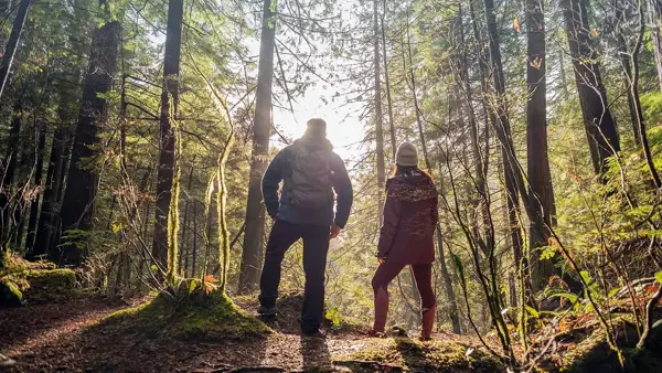 Mann og jente står med ryggen mot kamera og ser mot solnedgang i kjølig høstlys i skogen. Foto til artikkel om opplevelsesgaver til farsdag.