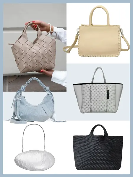 Hender holder en lys rosa veske, lysegul veske, denimveske, grå veske, sølv-veske, sort veske.