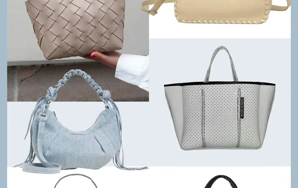 Hender holder en lys rosa veske, lysegul veske, denimveske, grå veske, sølv-veske, sort veske.